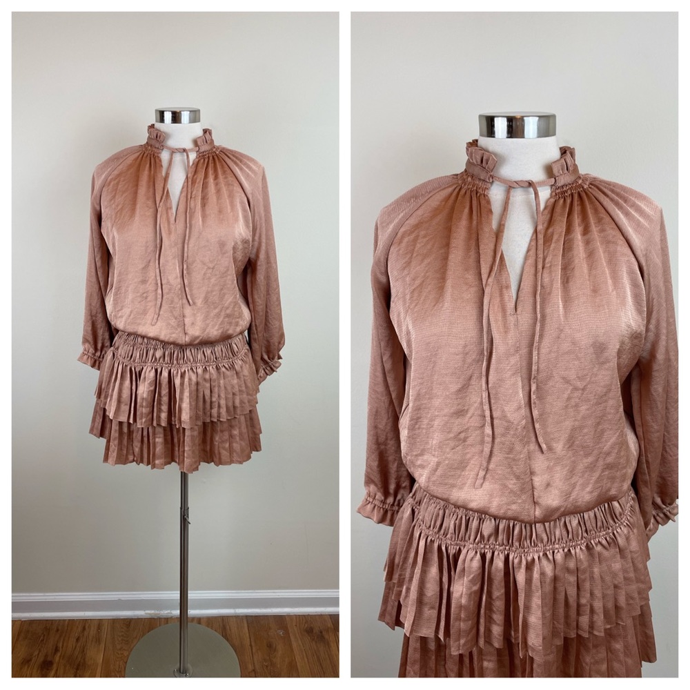 Elizabeth Crosby Brown Gold Shimmer Ruffle Mini Dress Women Small Long Sleeves